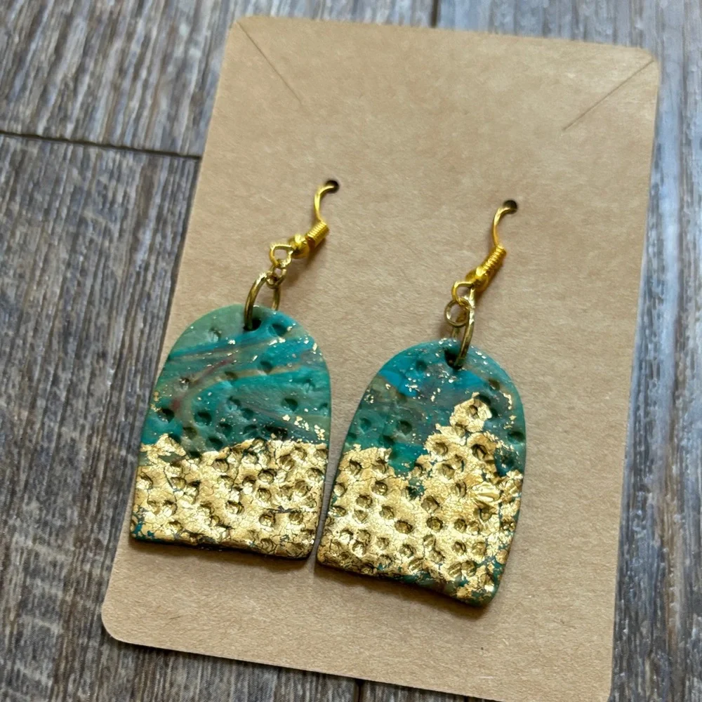 Green and Gold Dangle Polymer Clay Earrings - Picture 2 of 6
